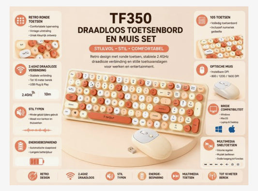 Draadloos Toetsenbord en Muis Set TF350 – 2.4GHz – Retro Ronde Toetsen – Volledig Toetsenbord met Numpad – Stil – Beige/Koraal