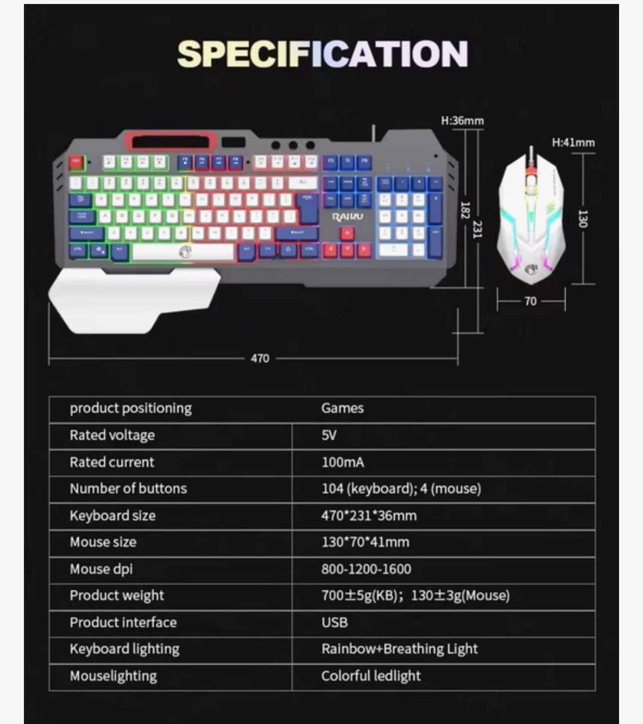Gaming Toetsenbord en Muis Set Wit – RGB LED Verlichting – 104 Toetsen – Anti-Ghosting – Ergonomische Polssteun – Verstelbare DPI 800/1200/1600 – Telefoonhouder – USB Gaming Keyboard & Mouse voor PC Laptop