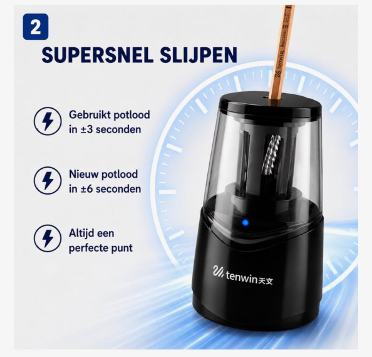 Tenwin Elektrische Puntenslijper Oplaadbaar – Lithium Batterij – USB Oplaadbaar – Auto Stop – Vervangbaar Spiraalmes – Voor Potloden 6-8 mm – Zwart