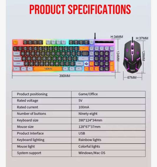 Gaming Toetsenbord en Muis Set – 98 Toetsen – RGB Verlichting – Bedraad – Zwart