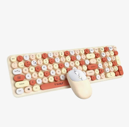 Draadloos Toetsenbord en Muis Set TF350 – 2.4GHz – Retro Ronde Toetsen – Volledig Toetsenbord met Numpad – Stil – Beige/Koraal