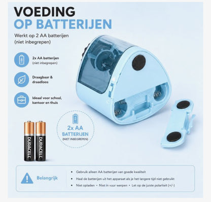 TENWIN Elektrische Puntenslijper – Automatische Potloodslijper met Reservemes – Werkt op 2 AA Batterijen – Compact & Stil – Lichtblauw