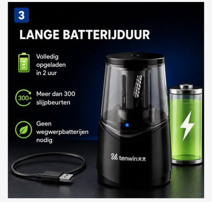 Tenwin Elektrische Puntenslijper Oplaadbaar – Lithium Batterij – USB Oplaadbaar – Auto Stop – Vervangbaar Spiraalmes – Voor Potloden 6-8 mm – Zwart
