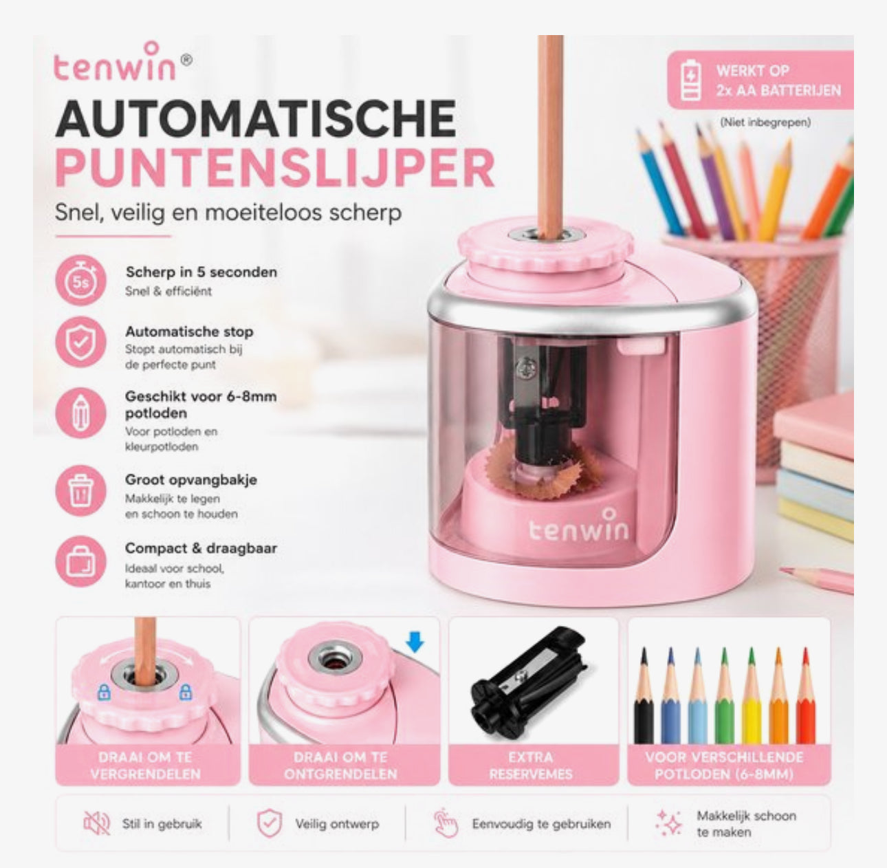 Originele Tenwin Elektrische Puntenslijper – Automatische Potloodslijper op Batterijen – Inclusief Extra Reservemes – Compact & Veilig – Voor School, Kantoor en Kinderen – Roze