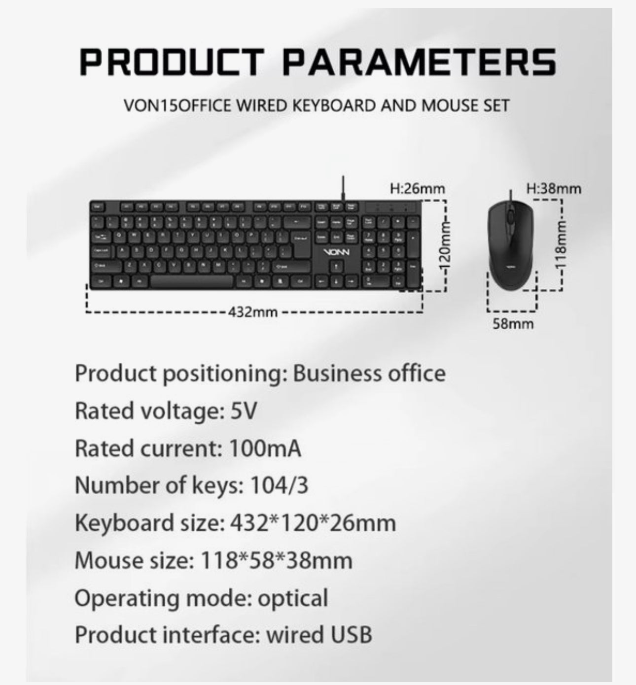 Bedrade Toetsenbord en Muis Set – 104 Toetsen met Numeriek Toetsenblok – USB Plug & Play – Ergonomisch Office Keyboard en Muis – 1200 DPI – Zwart – Voor PC en Laptop