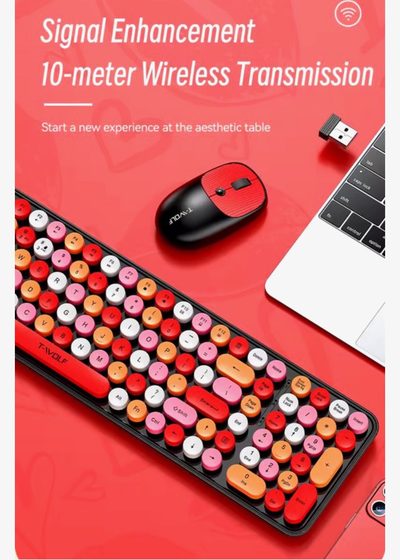 Draadloos Toetsenbord en Muis Set – Retro Ronde Toetsen – 2.4GHz USB – Stil Typen – 105 Toetsen – DPI 800/1200/1600 – Rood/Roze