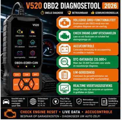 OBD2 Diagnosetool voor Auto’s – Auto Uitleesapparaat – Check Engine Reset – Foutcode Lezer – Live Data – Accucontrole – OBDII/EOBD/CAN