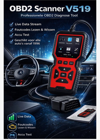 OBD2 Scanner V519 – Professionele Auto Diagnose Tool met Live Data, Foutcodes Lezen & Wissen, Accu Test – Geschikt voor Alle Auto’s vanaf 1996 (OBDII/EOBD)