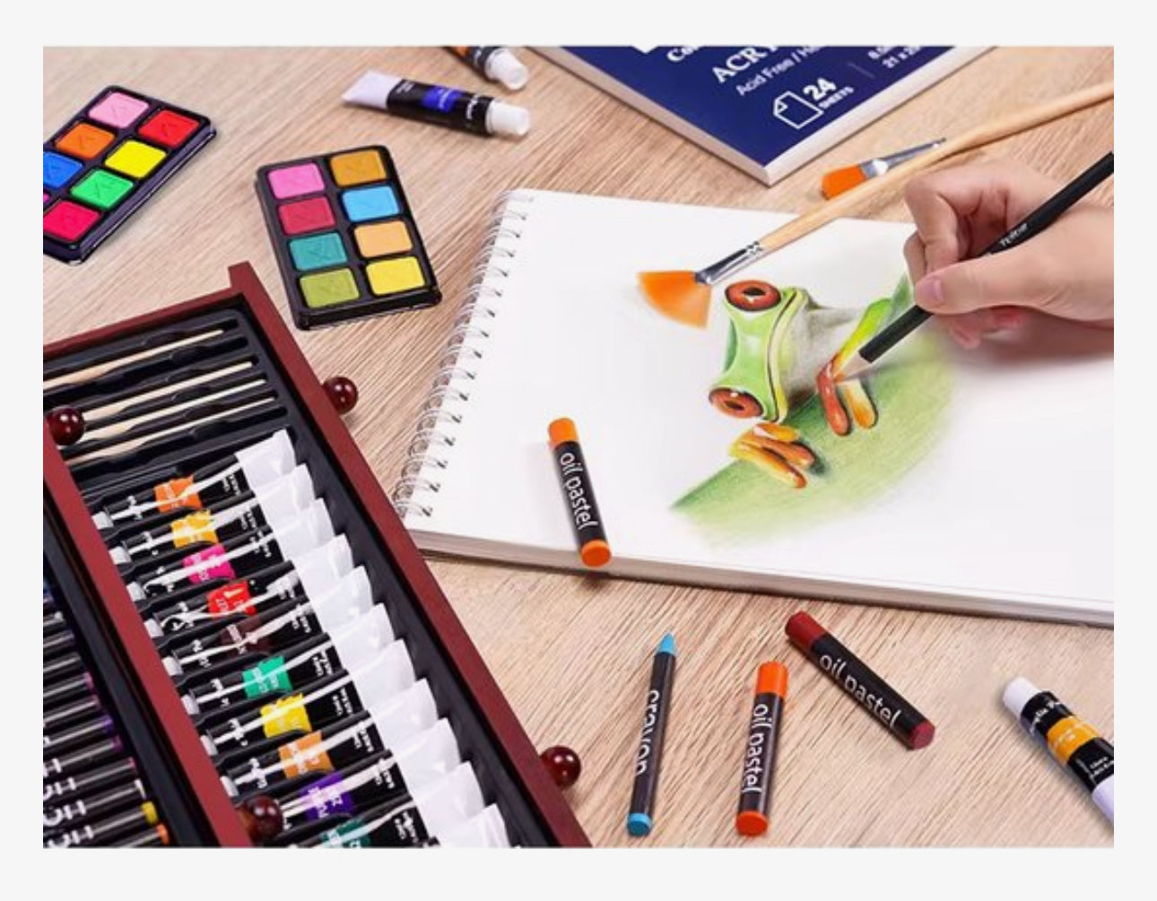 175 Delige Tekenset in Houten Koffer – Complete Kunstset met Acrylverf, Oliepastels, Kleurpotloden, Schetsboek & Acrylic Pad – Voor Beginners en Gevorderden – Turquoise