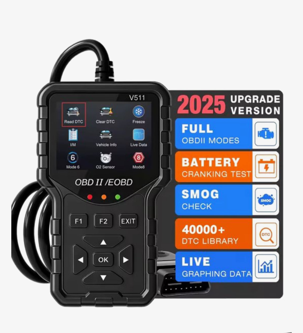 OBD2 - V511 Scanner – Auto Diagnoseapparaat – Foutcodes Lezen & Wissen – Check Engine Reset – Live Data – Smog Test (I/M Readiness) – Accuspanning Test – OBDII/EOBD