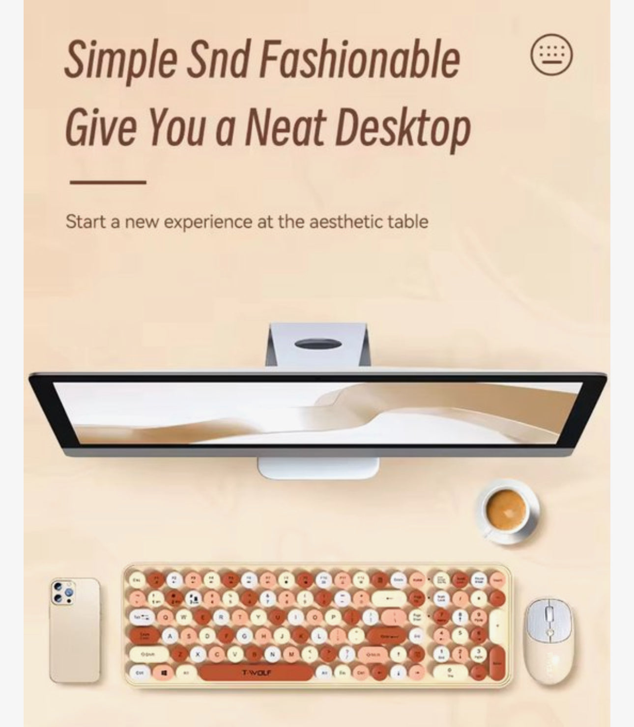 Draadloos Toetsenbord en Muis Set TF350 – 2.4GHz – Retro Ronde Toetsen – Volledig Toetsenbord met Numpad – Stil – Beige/Koraal