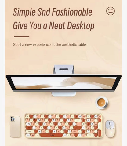 Draadloos Toetsenbord en Muis Set TF350 – 2.4GHz – Retro Ronde Toetsen – Volledig Toetsenbord met Numpad – Stil – Beige/Koraal