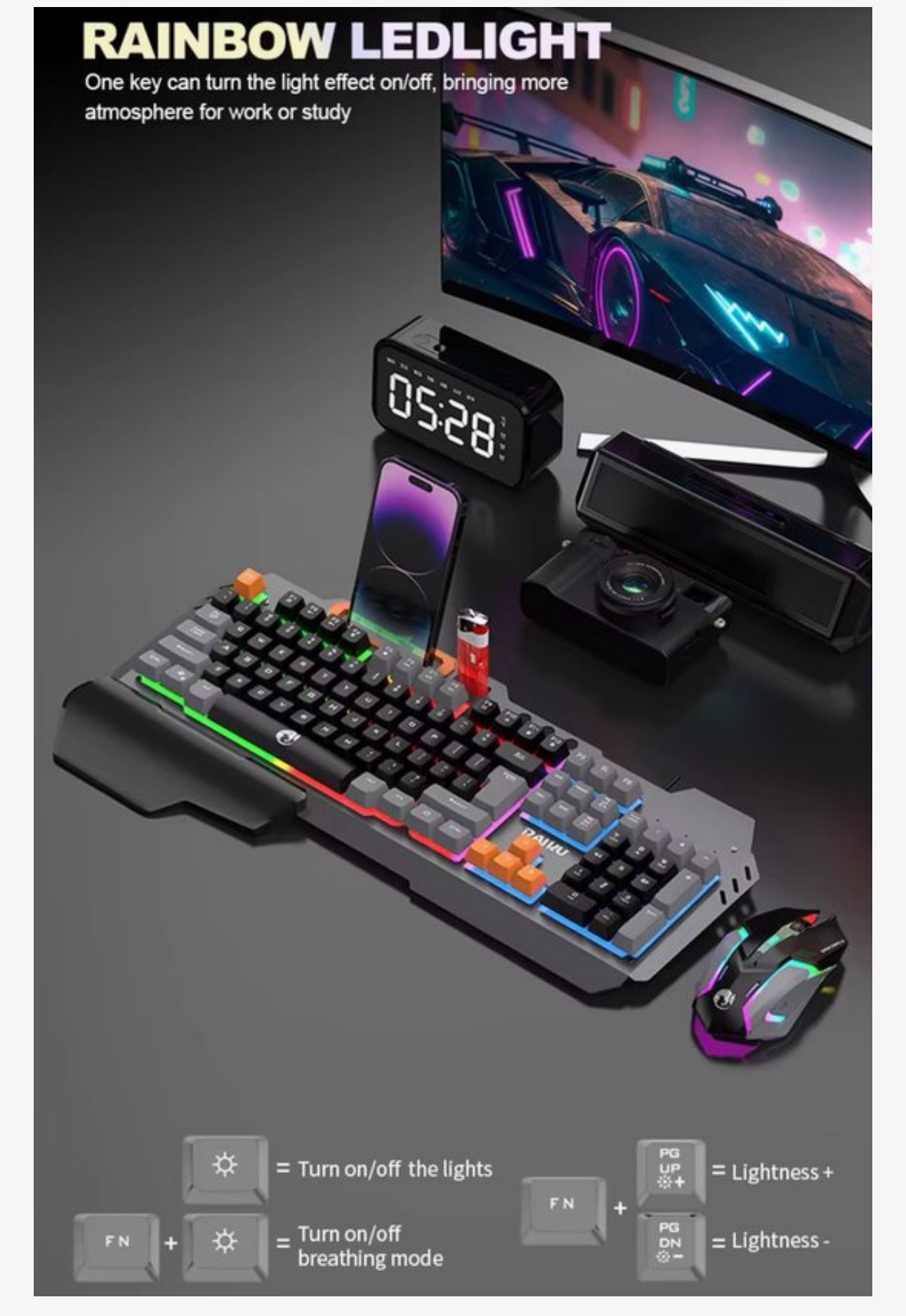 Gaming Toetsenbord en Muis Set Zwart – RGB LED Verlichting – 104 Toetsen – Anti-Ghosting – Ergonomische Polssteun – Verstelbare DPI 800/1200/1600 – Telefoonhouder – USB Gaming Keyboard & Mouse voor PC Laptop