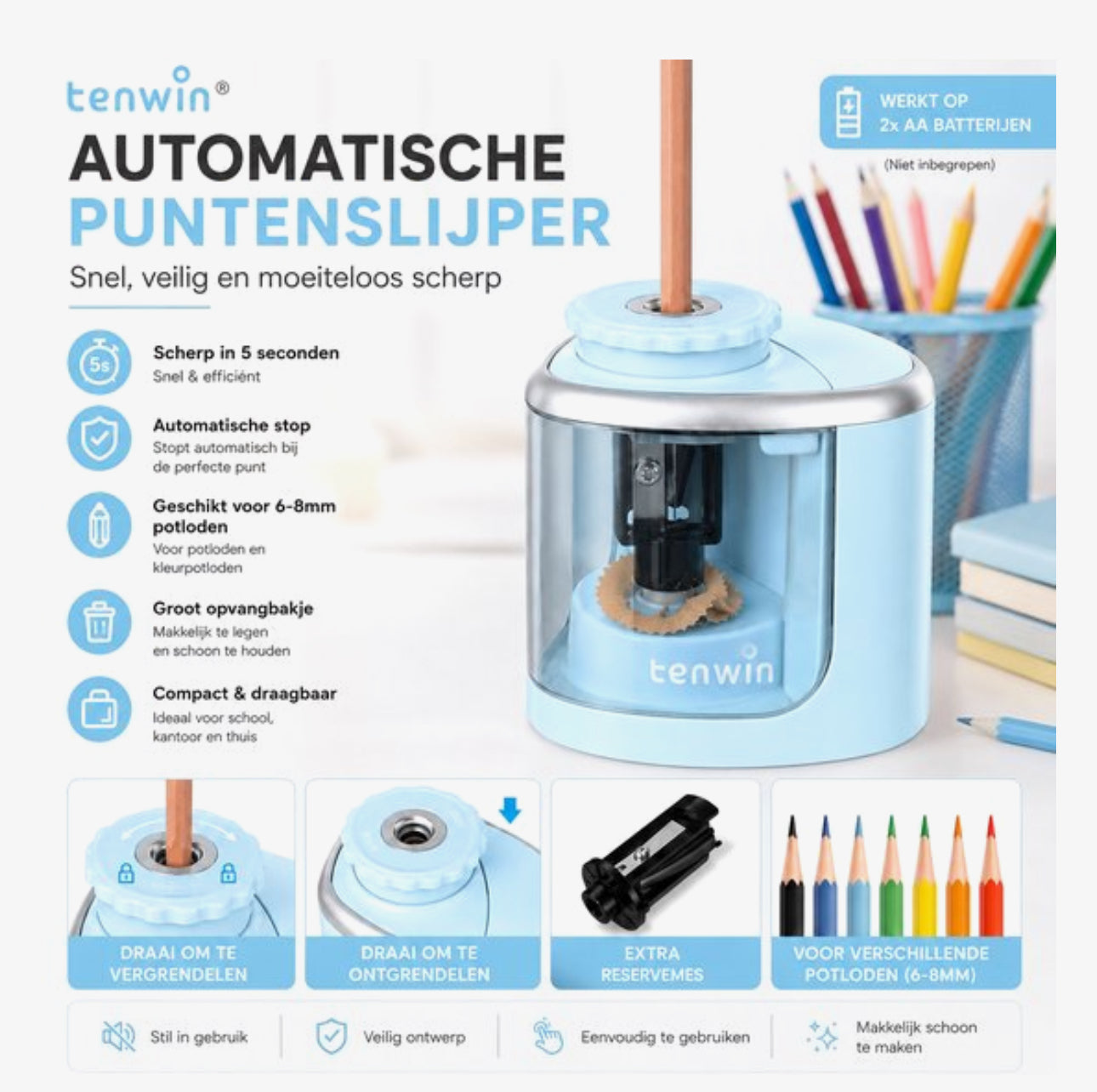 TENWIN Elektrische Puntenslijper – Automatische Potloodslijper met Reservemes – Werkt op 2 AA Batterijen – Compact & Stil – Lichtblauw