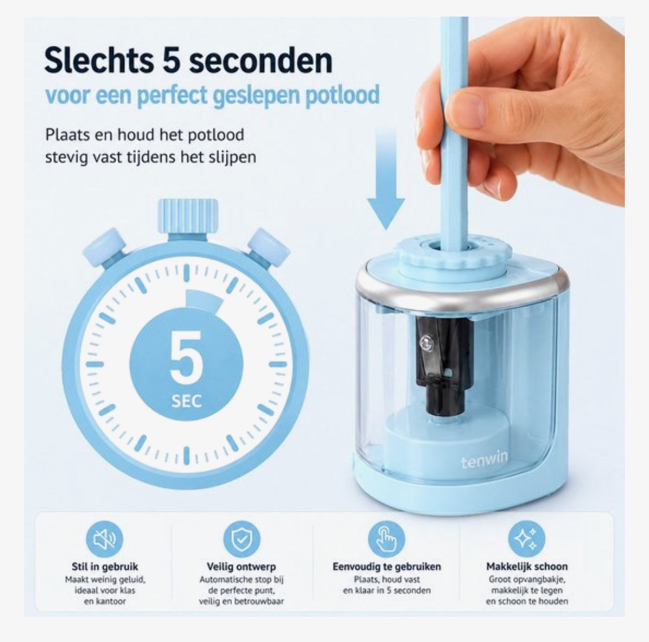 TENWIN Elektrische Puntenslijper – Automatische Potloodslijper met Reservemes – Werkt op 2 AA Batterijen – Compact & Stil – Lichtblauw