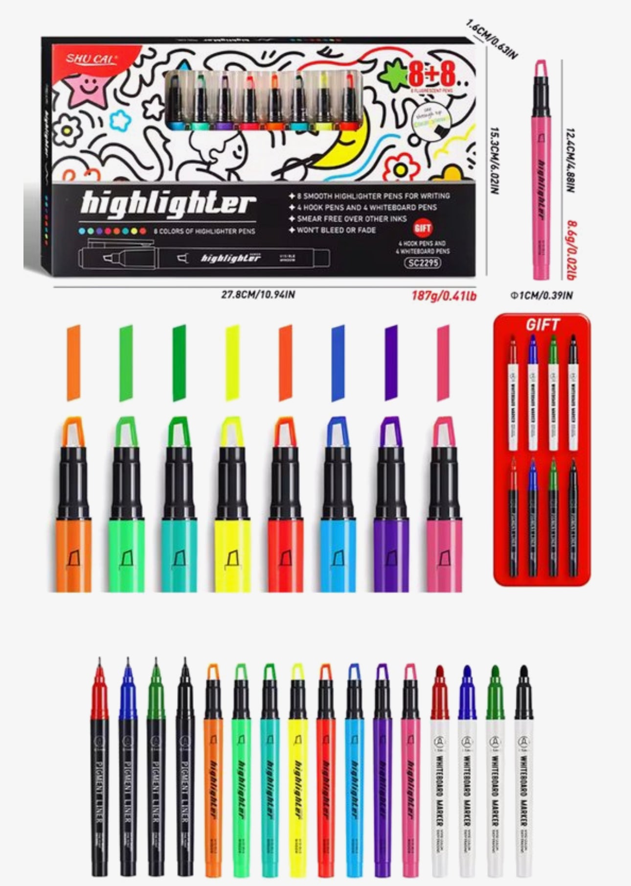 16 Delige Highlighter Pennen Set – 8 Fluor Kleuren – Inclusief Whiteboard Markers & Fineliners – Voor School en Kantoor