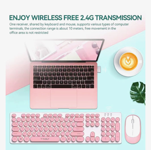 Draadloos Toetsenbord en Muis Set – 2.4G Wireless – 104 Toetsen – Stil Typen – Retro Ronde Toetsen – USB Ontvanger – 10m Bereik – Roze