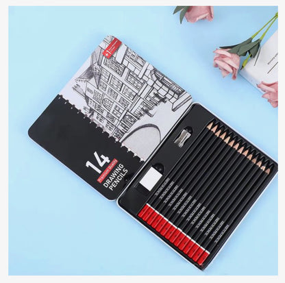 14-delige Professionele Tekenset – Sketch Potloden Set met Gum en Puntenslijper – HB t/m 12B – Voor Tekenen, Schetsen en Kunst