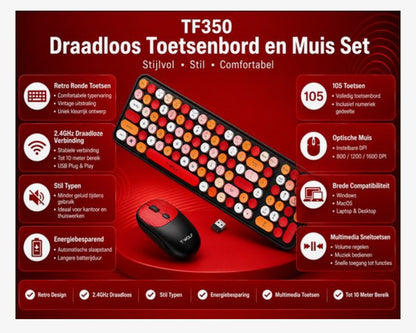 Draadloos Toetsenbord en Muis Set – Retro Ronde Toetsen – 2.4GHz USB – Stil Typen – 105 Toetsen – DPI 800/1200/1600 – Rood/Roze