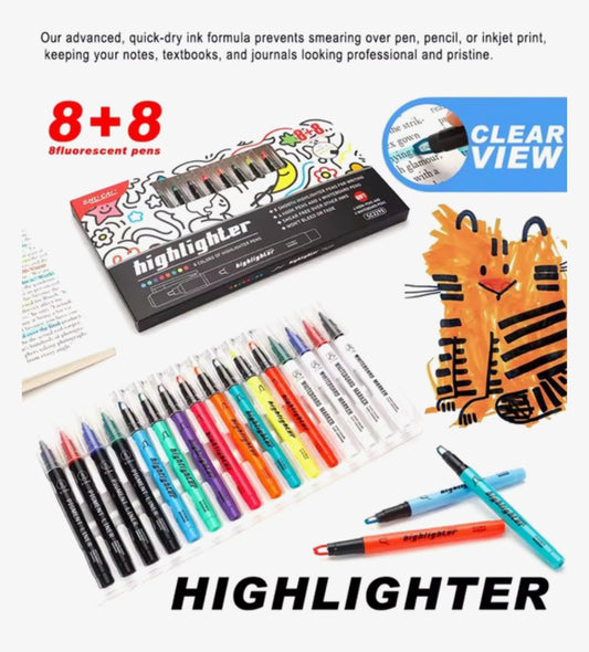 16 Delige Highlighter Pennen Set – 8 Fluor Kleuren – Inclusief Whiteboard Markers & Fineliners – Voor School en Kantoor