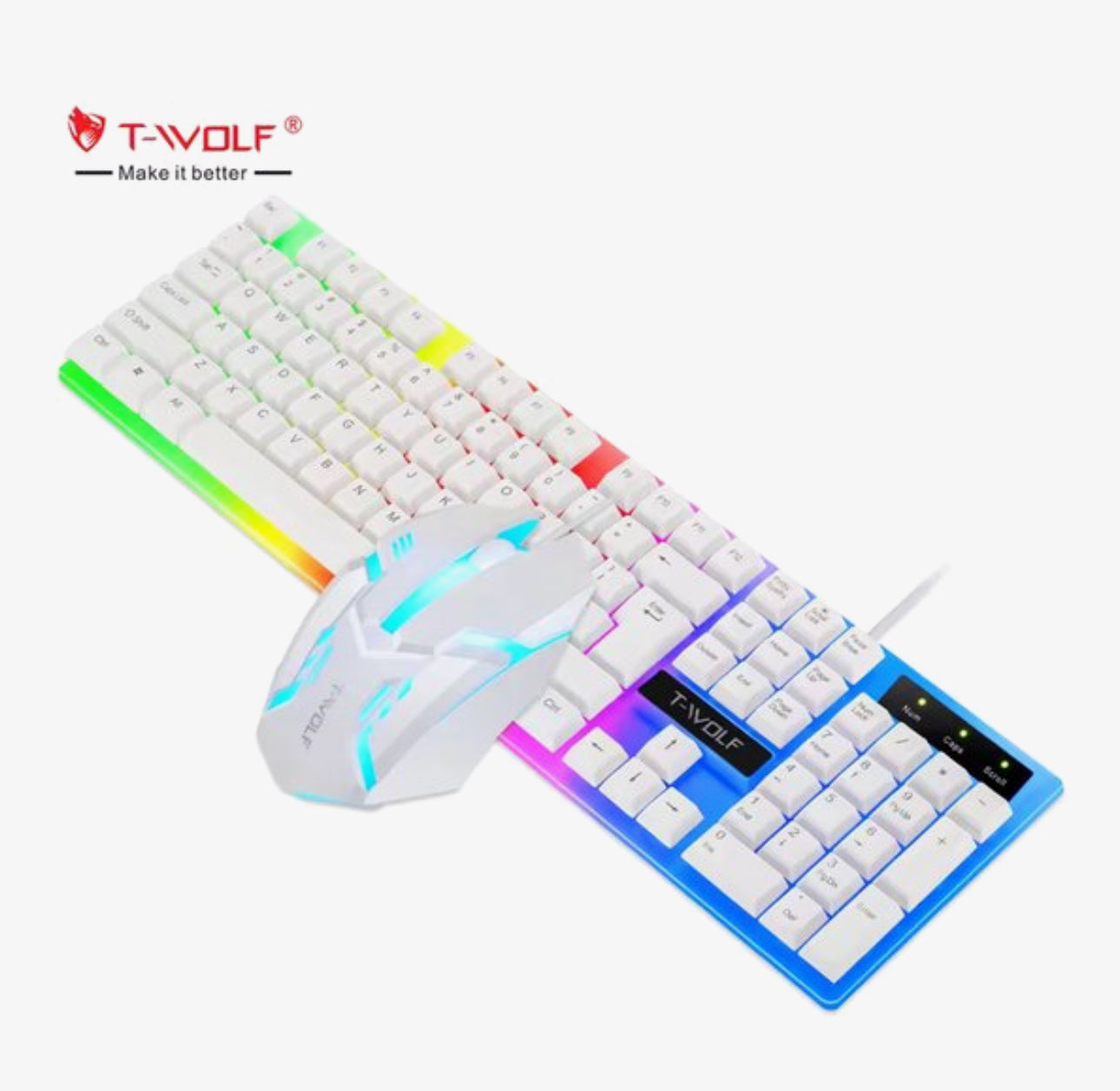 Gaming Toetsenbord en Muis Set RGB – Bedraad USB – 104 Toetsen – Regenboog Backlight – Waterbestendig – Wit – TF230