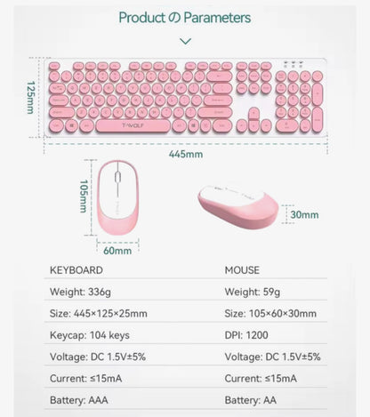 Draadloos Toetsenbord en Muis Set – 2.4G Wireless – 104 Toetsen – Stil Typen – Retro Ronde Toetsen – USB Ontvanger – 10m Bereik – Roze
