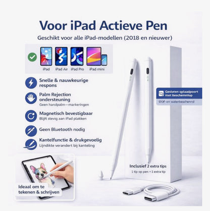 Stylus Pen voor iPad (2018–2025) met Palm Rejection en LED Batterij-indicator – Oplaadbare Touch Pen (Wit)
