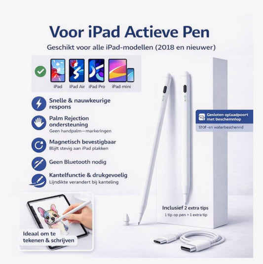 Stylus Pen voor iPad (2018–2025) met Palm Rejection en LED Batterij-indicator – Oplaadbare Touch Pen (Wit)