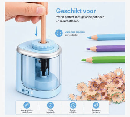 TENWIN Elektrische Puntenslijper – Automatische Potloodslijper met Reservemes – Werkt op 2 AA Batterijen – Compact & Stil – Lichtblauw