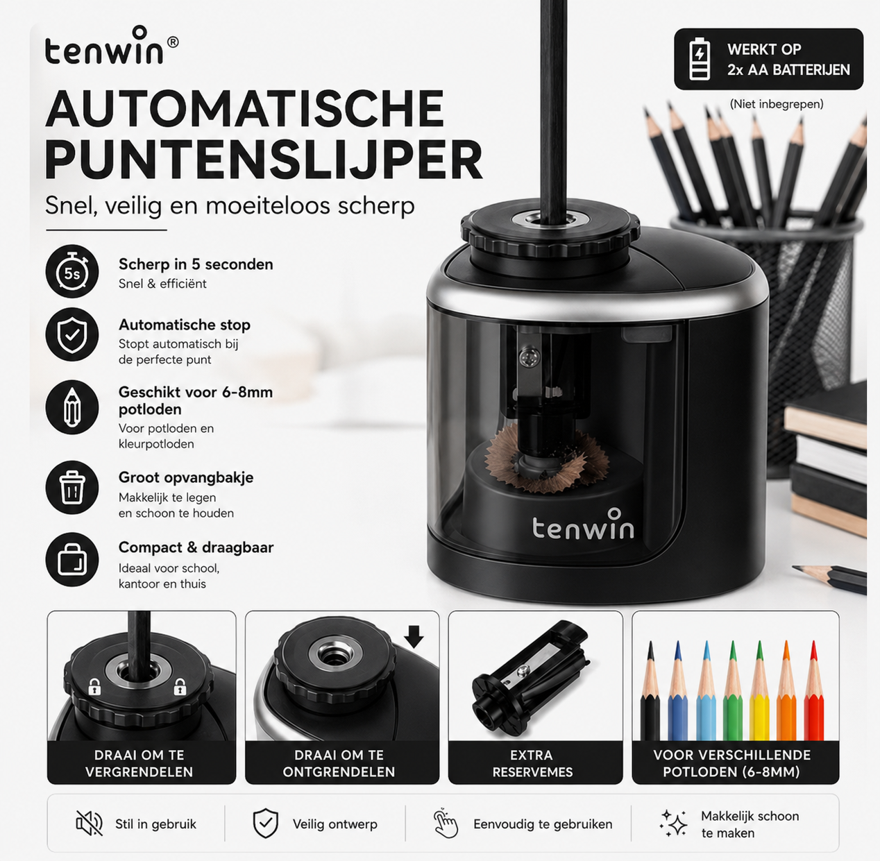 Originele Tenwin Elektrische Puntenslijper – Automatische Potloodslijper op Batterijen – Inclusief Extra Reservemes – Compact & Veilig – Voor School, Kantoor en Kinderen – Zwart