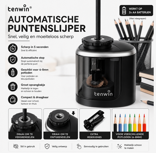 Originele Tenwin Elektrische Puntenslijper – Automatische Potloodslijper op Batterijen – Inclusief Extra Reservemes – Compact & Veilig – Voor School, Kantoor en Kinderen – Zwart