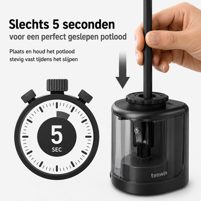 Originele Tenwin Elektrische Puntenslijper – Automatische Potloodslijper op Batterijen – Inclusief Extra Reservemes – Compact & Veilig – Voor School, Kantoor en Kinderen – Zwart